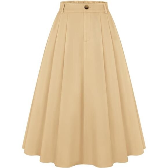 Women Pleated Skirt with Pockets A Line Khaki - Picture 1 of 6
